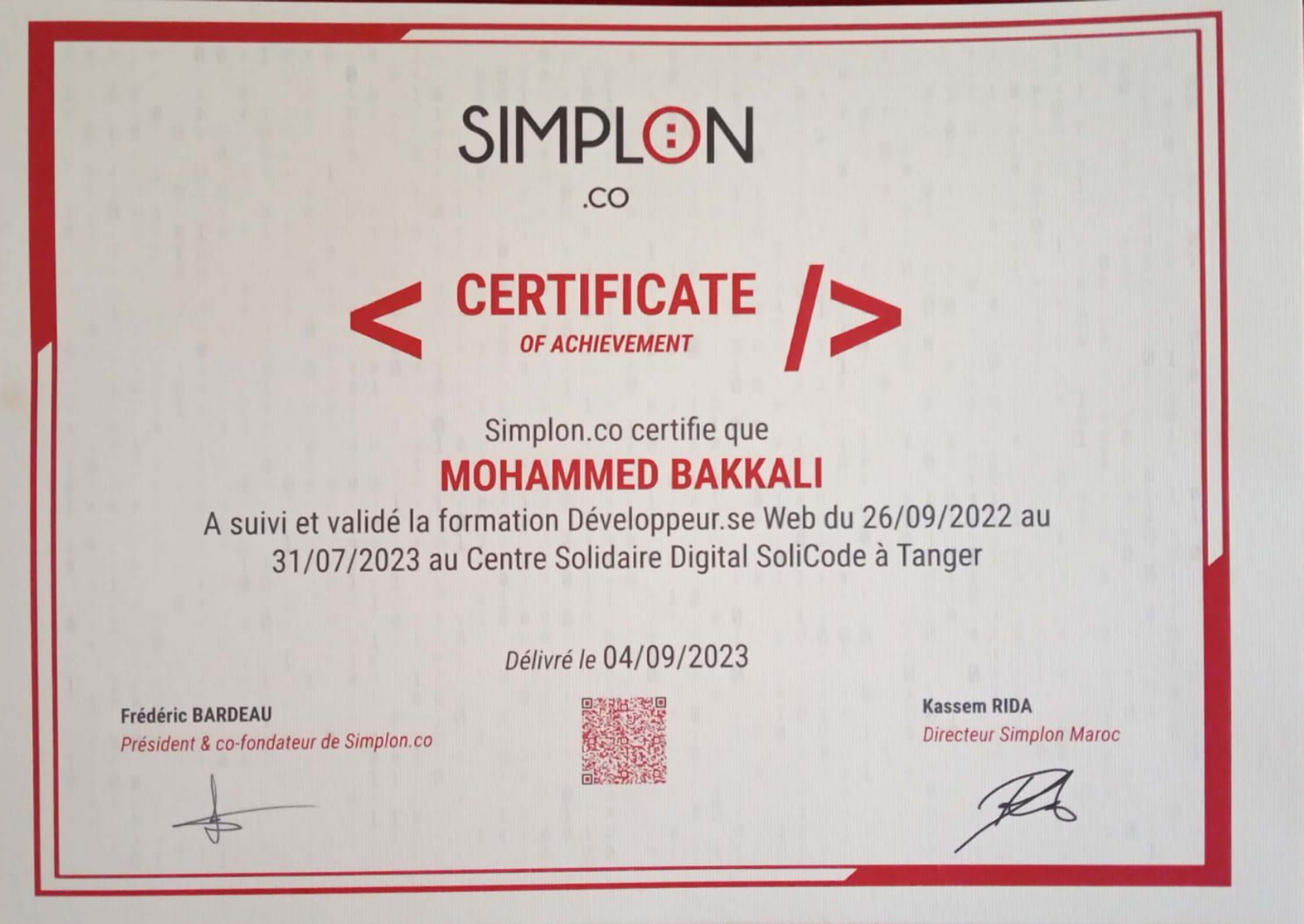 Web Development Certificate from SIMPLON