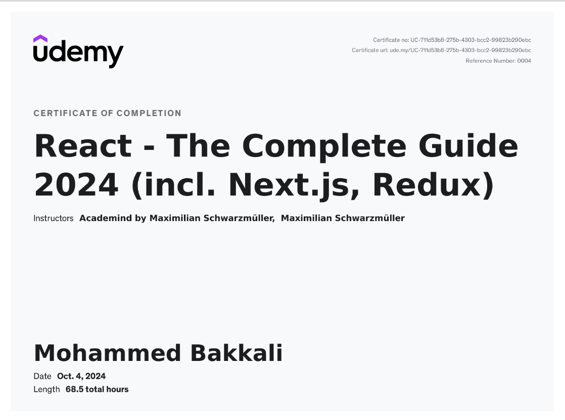 React JS Certificate from Udemy